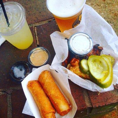 Our spring rolls, wings, and a lemonade from Milner's booth and a Carolina Blonde from the Foothills booth.