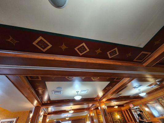 Lovely design ceilings with beautiful wood trim. This restaurant may serve diner like food but it's interior boasts old world charm.