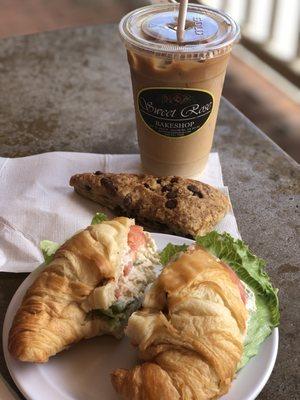 Chicken salad sandwich, cinnamon chip scone, iced Americano