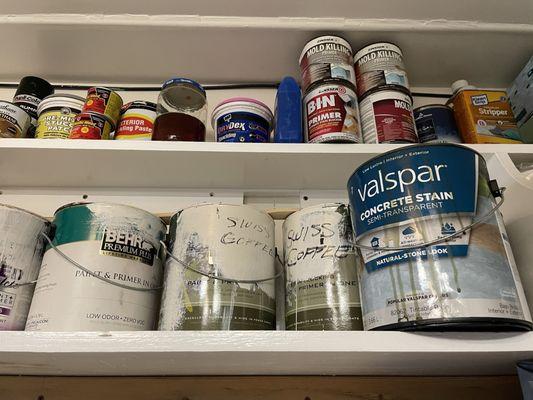 A bunch of old paint-  it can be color-matched if you bring it in. You can also dispose of it here.