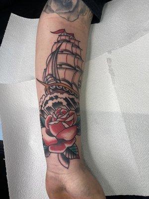 Traditional ship and rose by Johnny @sanctifiedentity