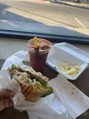 Route 66 Torta with side of chips and Spritz Michelada