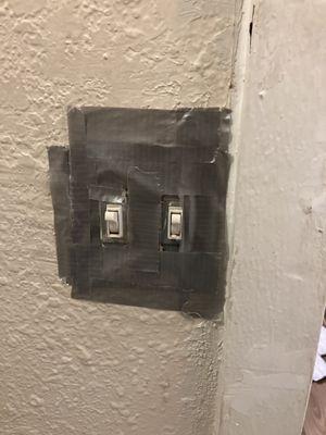 Switch plate missing in bathroom when we checked in. Four pieces of duct tape. At least no one will get electrocuted with wet shower hands.