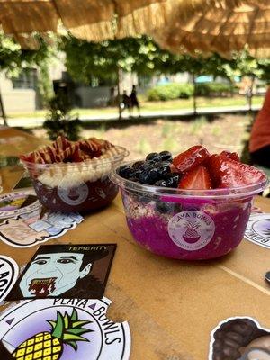 left: Power Acai Bowl with strawberries  right: Dragonberry Pitaya Bowl