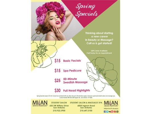 Our Spring Student Salon & Spa Specials are here! Valid 3/1/2022 - 5/31/2022.