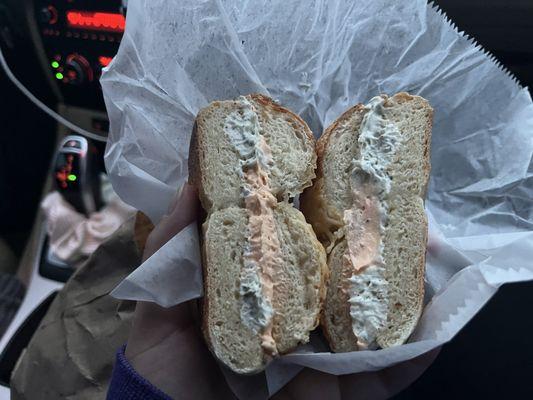 Asiago bagel, roasted red pepper cream cheese & garlic and herb cream cheese