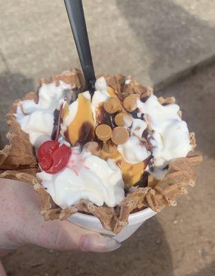 Scotcharoo Ice cream sundae in a waffle bowl