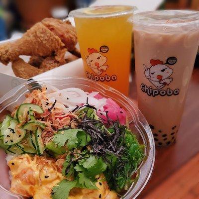 fried chicken, poke bowl, 2 boba - UberEats order