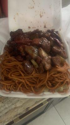 chow mein and Orange Chicken