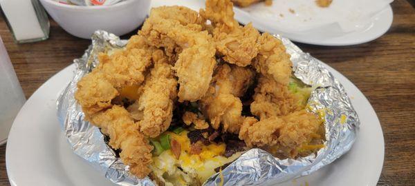 Texas size baked potato with crispy fried chicken