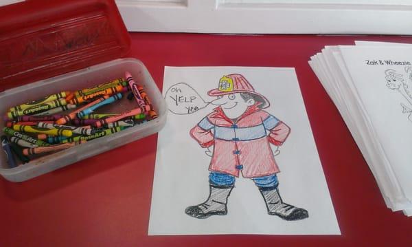 Coloring pages and crayons available