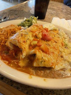 Two burrito plate (one pork and one shredded beef) with rice and refried beans