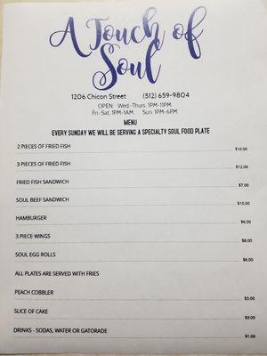 2pc fish .......10.00
3pc fish........12.00
Fish sandwich...7.00
Soul beef sandwich...10.00
Hamburger........6.00
3pc wing....... 8.00