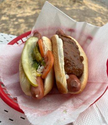 Chicago on the left, cheeseless chili dog on the right