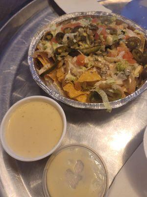 This is vegi nachos & a side order of white cheese sauce.