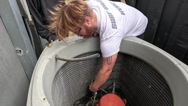 Red is prepping the pipe for a leak repair on a Trane heat pump in Point Loma. Job went well