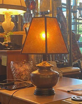 new to shop: Craftsman-style copper lamp with mica shade