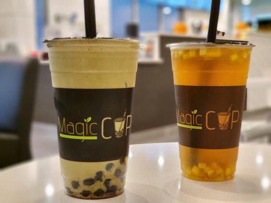 Matcha milk tea with half boba and half herbal jelly (left) and peqch green tea with mango bits (right)