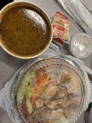 Red lentil soup and small grilled chicken salad