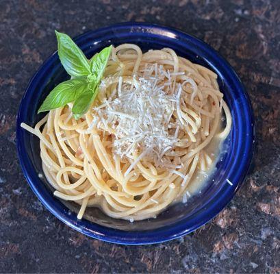 Pasta carbonara- I purchased my pasta, bacon, and cheese from Joe and Rene