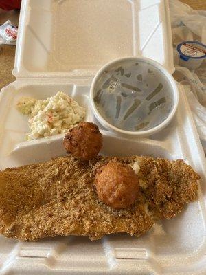 White fish with Hush Puppies, coleslaw and green beans