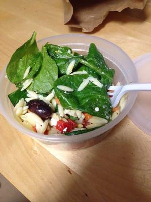 Their orzo salad is AMAZING!! I could eat it 24/7z fresh basil, Klamata olives, tomatoes, red pepper, feta, a little lemon & oil