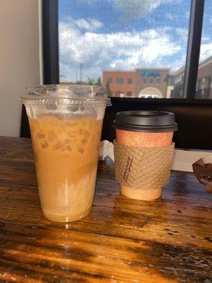 Cold brew with Carmel and chai tea latte with vanilla