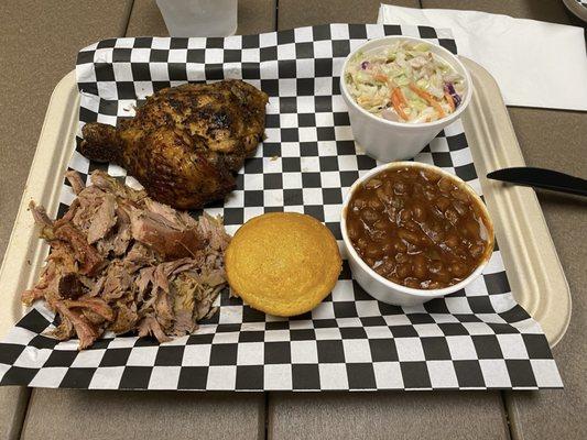 2 Meats & 2 Sides Chicken, pulled pork, beans and coleslaw