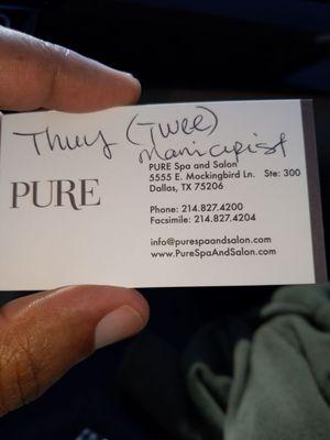 Pure Spa & Salon! Thuy(Twee) was Awesome. If you want your hands/feet done the right way, Go see her ASAP! You can Thank me later! Enjoy!