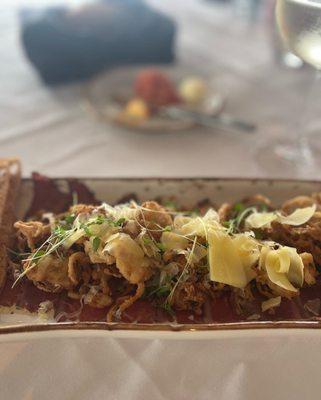 Ostrich carpaccio- capers shaved Parmesan crispy shallots while grain mustard