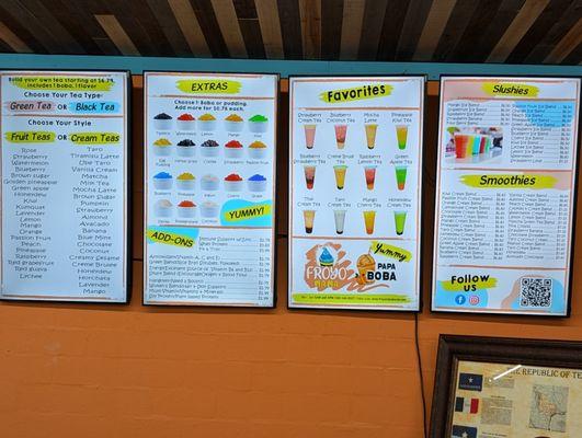 Boba tea and Smoothie menu.