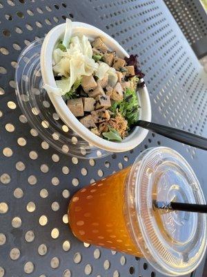 tofu bowl and passion fruit mango drink