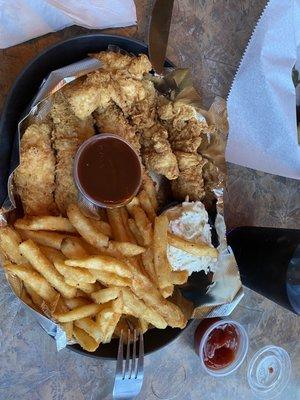 Chicken fingers, fries, slaw.