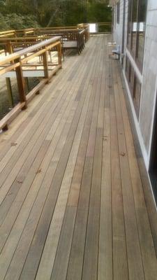 Large mahogany deck prior to being sealed using Penofin rosewood oil