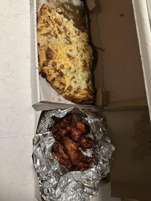 Buffalo chicken finger pizza and Logan berry wings