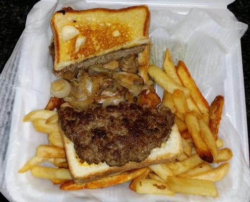 Texas burger.  BACON, grilled mushrooms, grilled onions, american cheese and Texas toast.  Yummy in my tummy.