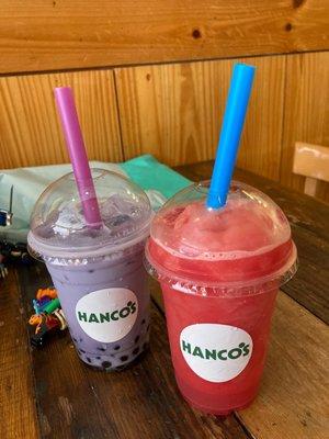 Taro bubble tea and watermelon slushees.