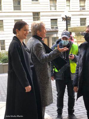 Martin Short & Selena Gomez chatting with crew, Season 1, Only Murders in the Building, Belnord courtyard