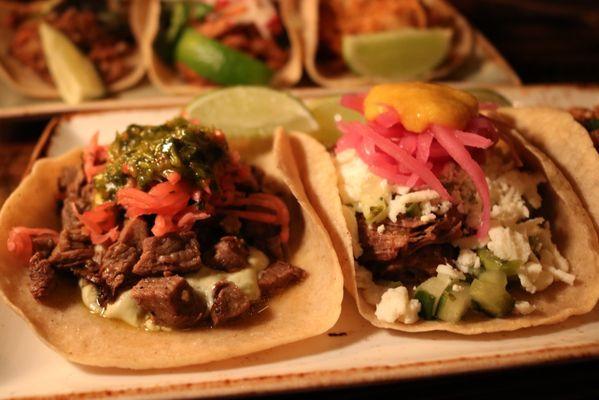 Carne asada, crispy carnitas tacos