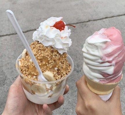 Banana split sundae and raspberry dole whip twist with vanilla