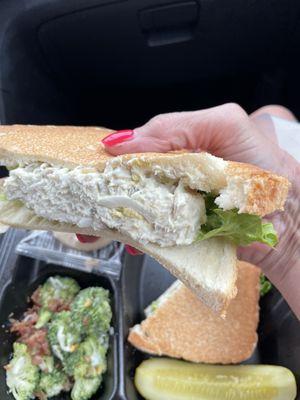 Inside of the chicken sandwich.