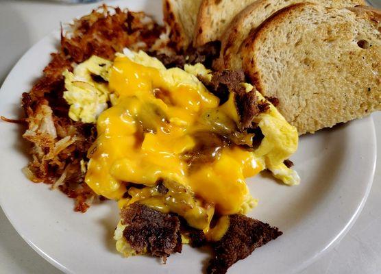 Our beef and cheddar scramble