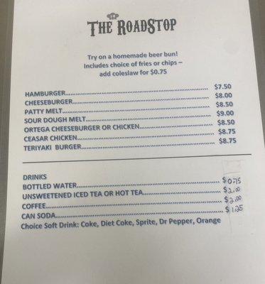 Menu for "The Roadstop".