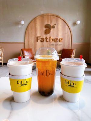 Hot Oolong Milk Tea, Tropical Vibe with Brown Sugar Boba, and Hot Crème Brûlée Milk Tea