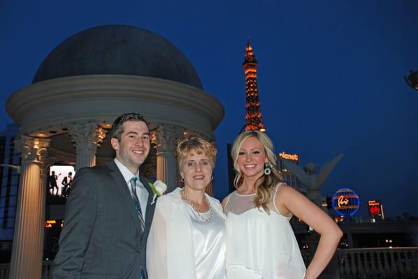 Rev. Julie Nourish with couple on the Las Vegas Strip