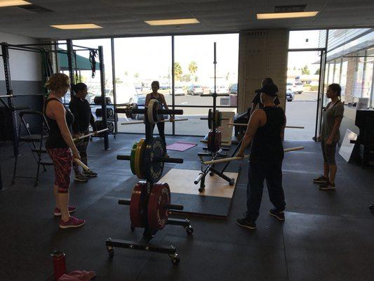 Teaching deadlifts to a new group.