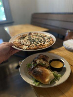 Caprese Pizza and Philly cheesesteak stromboli