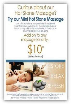 Perfect enhancement to any massage, the heat for from the stones will melt tension away. Come in and try it out.