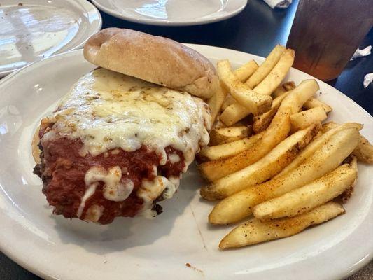 Chicken parm sandwich and fries.