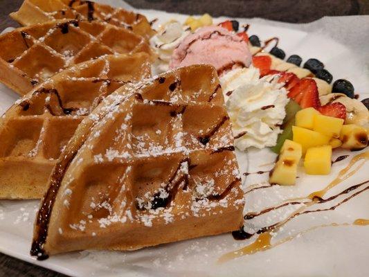 Fruit waffle with strawberry ice cream. $10.99.